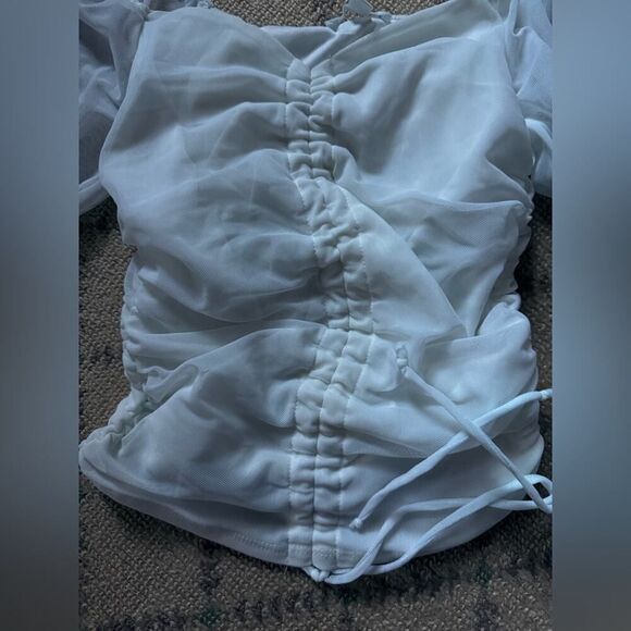 Emory Park white off the shoulder ruched bodycon top with puff sleeves S - Picture 4 of 11